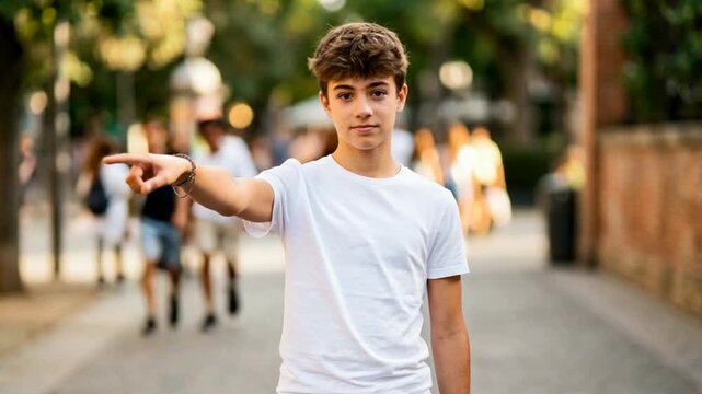 Young Teenage Boy Pointing at Camera in Outdoor Park Scene