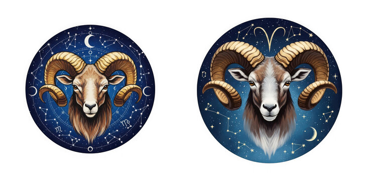 Aries zodiac sign illustration featuring a ram head with large horns against a starry night sky background isolated on transparent background