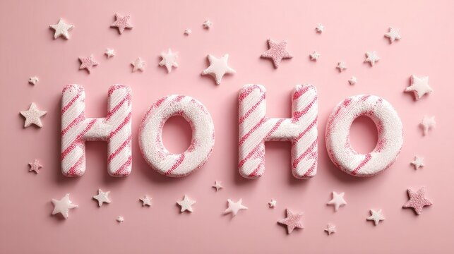 Candy letters say ho ho with star decorations on a pink background
