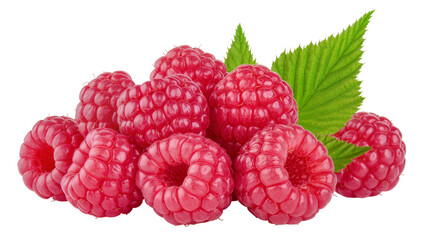 Heap of ripe red raspberries with green leaves, isolated on transparent background © Alexander