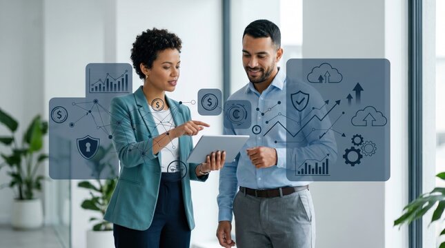 Two colleagues reviewing financial icons and graphs on tablet, business partnership, data analysis concept, corporate growth strategy, digital finance, cloud computing security