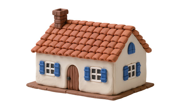 Clay house with orange tiled roof and blue shutters, isolated on transparent background