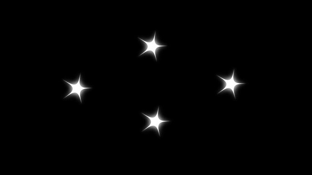 Sparkling white stars twinkle like flash rays, glowing light bursts and animated glitter particles on black screen background in 4K