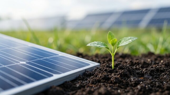 Solar panel next to young green plant growing in soil, symbolizing renewable energy, sustainability and environmental protection for a greener future.