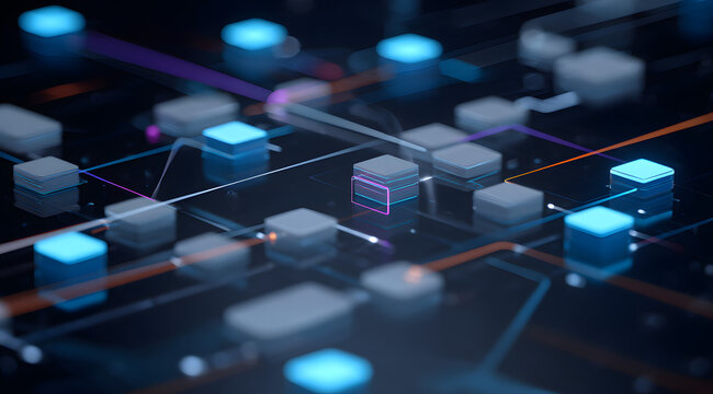 A technological 3D visualization of AI agent workflow automation, nodes, and database triggers.