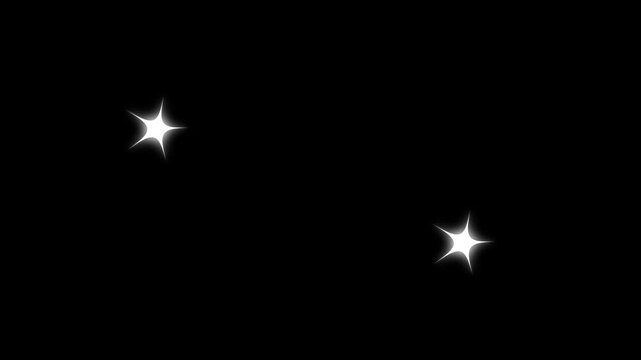 Shimmering starlight effects on black background, sparkling white stars, twinkling light bursts and floating glitter particles in 4K video