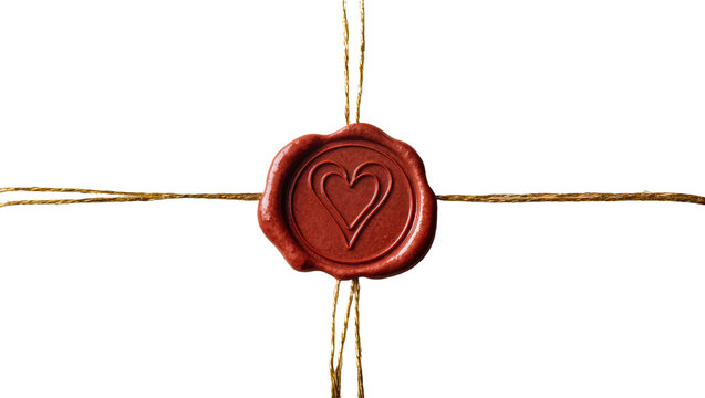 Red wax seal with heart imprint secured by twine, isolated on transparent background