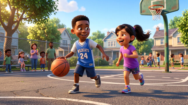 Joyful Children Playing Basketball on a Neighborhood Court at Sunset