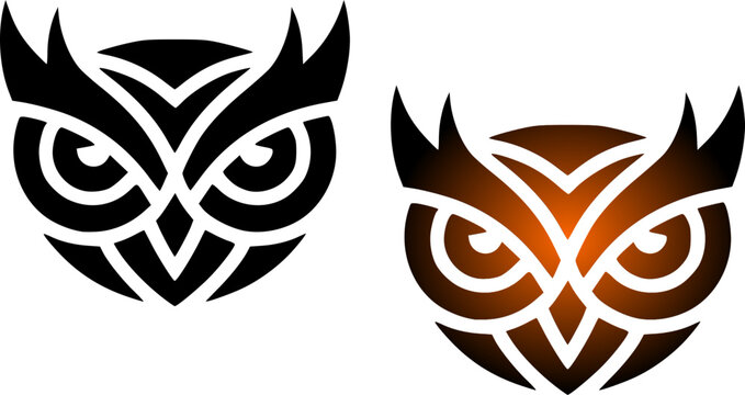 Creative owl face logo design bundle featuring a stylized tribal bird head illustration in solid black and orange gradient vector line art isolated on a clean white background.