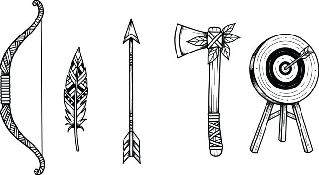 Archery Set Featuring a Bow Arrow Feather Tomahawk and a Target in Folk Art Style