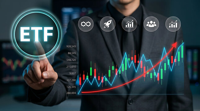 Exchange traded fund ETF growth concept with businessman pointing at screen icon