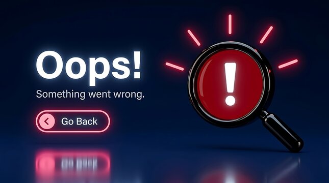 Website Error Message: Oops! Something went wrong displayed with a magnifying glass and exclamation mark symbol, prompting user to go back.