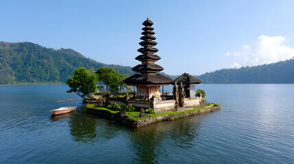 Obraz premium Beautiful Balinese temple Pura Ulun Danu Bratan located on lake water with mountains and blue sky.