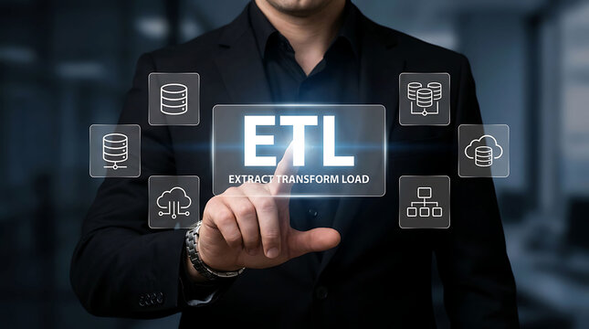 ETL extract transform load data warehouse integration concept with businessman pointing at screen