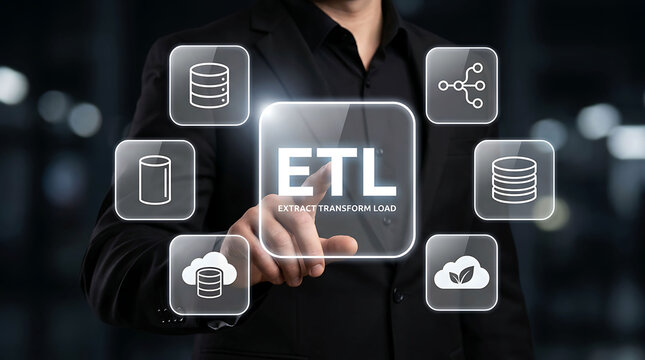 ETL extract transform load database management concept with businessman pointing at screen