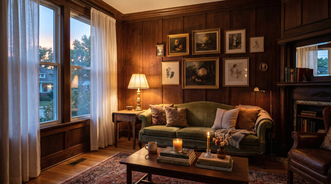 Cozy Traditional Living Room Interior With Warm Lighting And Wooden Wall Paneling