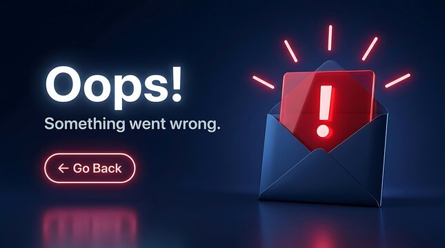 Oops! Something went wrong notification: Red exclamation mark alert emerging from a blue envelope on a dark digital background with a go back button.