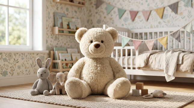 Cute Teddy Bear In Bright Scandinavian Nursery Room With Soft Plush Toys