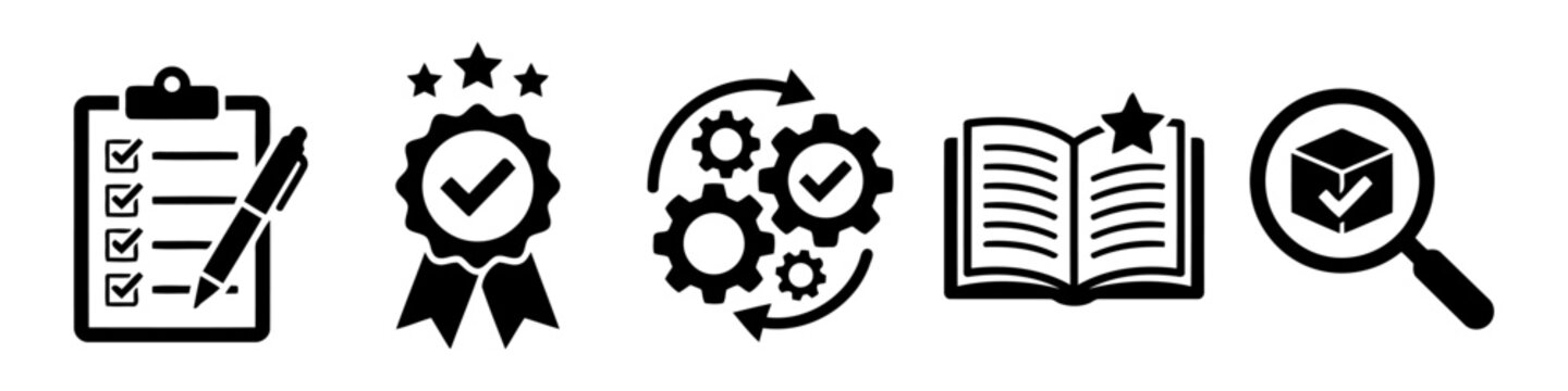 Black icons of checklist, award, gears, book and magnifying glass