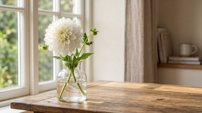 Elegant White Dahlia In Glass Vase By Bright Window
