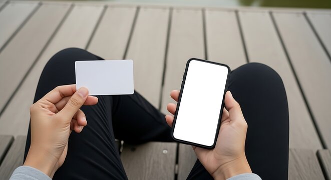 Person holding smartphone with blank screen and blank card outdoors on wooden deck