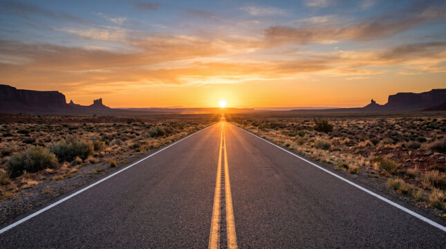 Endless Desert Highway at Sunrise with Dramatic Sky
