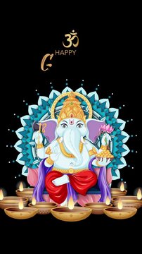 Animated Lord Ganesha Illustration with Mandala and Oil Lamps on Black Background