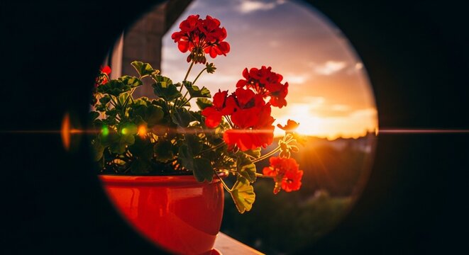 Vibrant red geraniums blooming in a ceramic pot on a balcony during a dramatic golden hour sunset