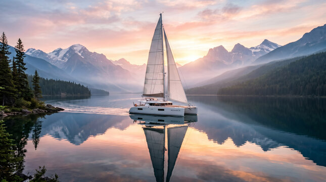 Luxury Catamaran Sailing on a Mirror Lake Surrounded by Majestic Mountains at Sunrise