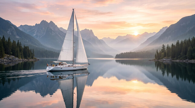 Luxury Sailboat Gliding Across a Mirror Lake at Sunrise Surrounded by Majestic Mountains