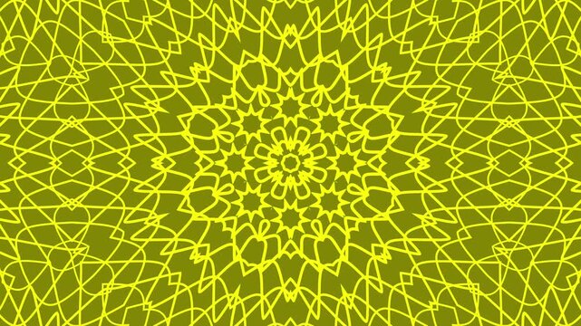 Abstract olive animation background featuring glowing yellow geometric linework with a kaleidoscopic optical illusion pattern.