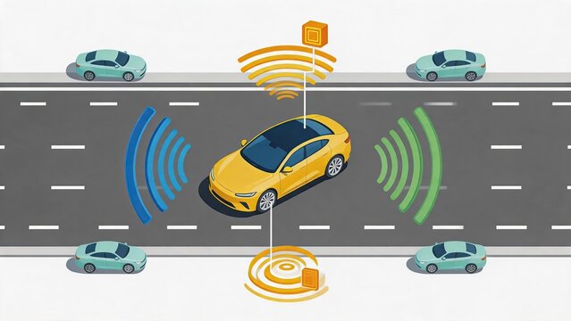 Autonomous smart car driving on highway with wireless signal waves connecting to traffic infrastructure sensors representing future intelligent transportation system technology