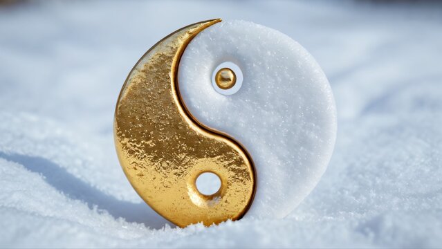 Golden and White Yin Yang Symbol in Snow