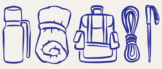 Elements related to hiking equipment bags, sleeping bags, water bottles, rope reels, hiking poles. Doodle Art Hand Drawn Sketch. © Proongnee
