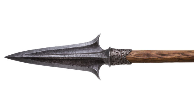 Ornate medieval spearhead with textured wood shaft, isolated on transparent background
