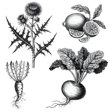 Vintage botanical illustrations of thistle plant lemons and root vegetables isolated on white