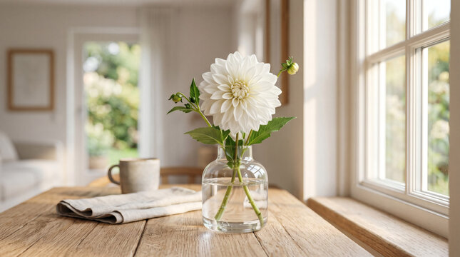 Elegant White Dahlia In Glass Vase By Bright Window