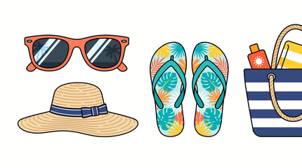 Naklejka premium Summer vacation beach accessories set with sunglasses hat flip flops and bag.