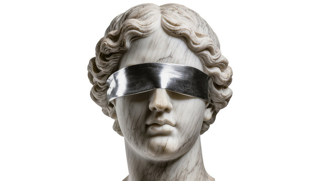 Marble statue head with blindfold, isolated on transparent background