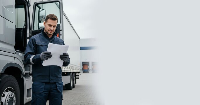 Confident truck driver with light stubble standing by truck holding shipping documents in work gloves, industry portrait. Horizontal banner with a place for text. AI generative