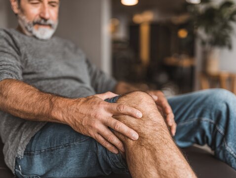 A middle-aged man holding his knee - concept of joint pain