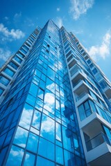 Fototapeta premium Business class new building facade from worm's eye view, geometry of glazed loggias and metal panels, cloudy sky reflecting in glass. AI generative