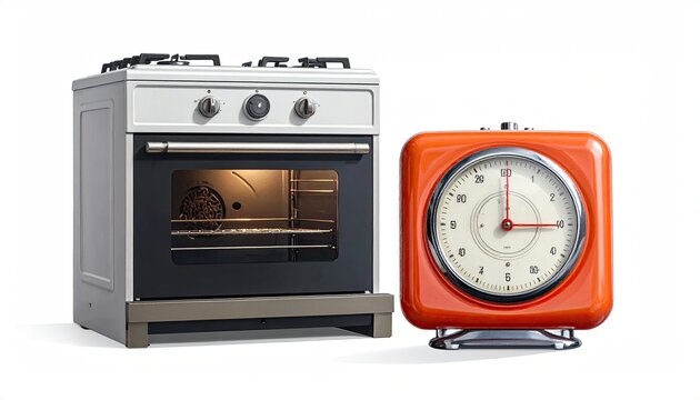Retro Stove and Red Kitchen Timer on White Background