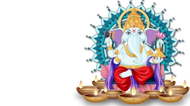 Animated Lord Ganesha Illustration with Mandala and Oil Lamps on White Background