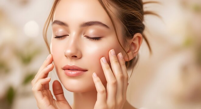 Woman with eyes closed touches face healthy skin concept