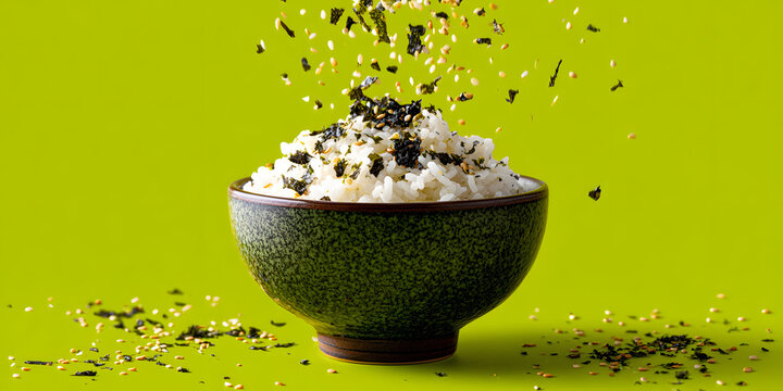 Bowl of fluffy white rice with furikake seasoning and sesame seeds falling against a vibrant green background.