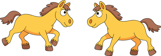 Obraz premium Funny horse cartoon set with adorable pony characters and cheerful animal vector design