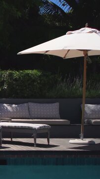 Vertical video: Starting camera panning, beige umbrella shifting right over pool with bird perching