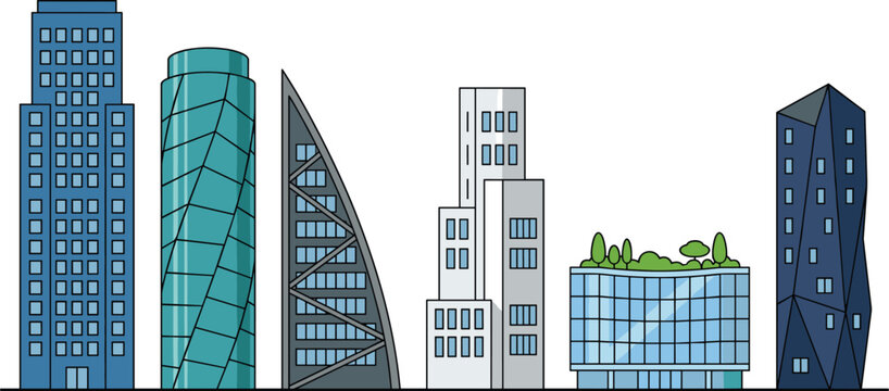 Modern City Skyscrapers and Architectural Building Vector Icon Set with Futuristic Office Towers Eco Green Rooftops and Geometric Skyline Landmark Designs