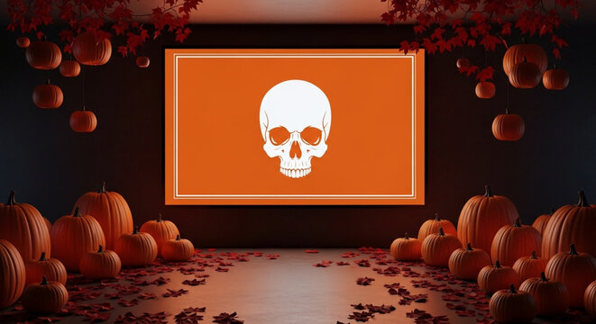 Halloween themed background with pumpkins and skull